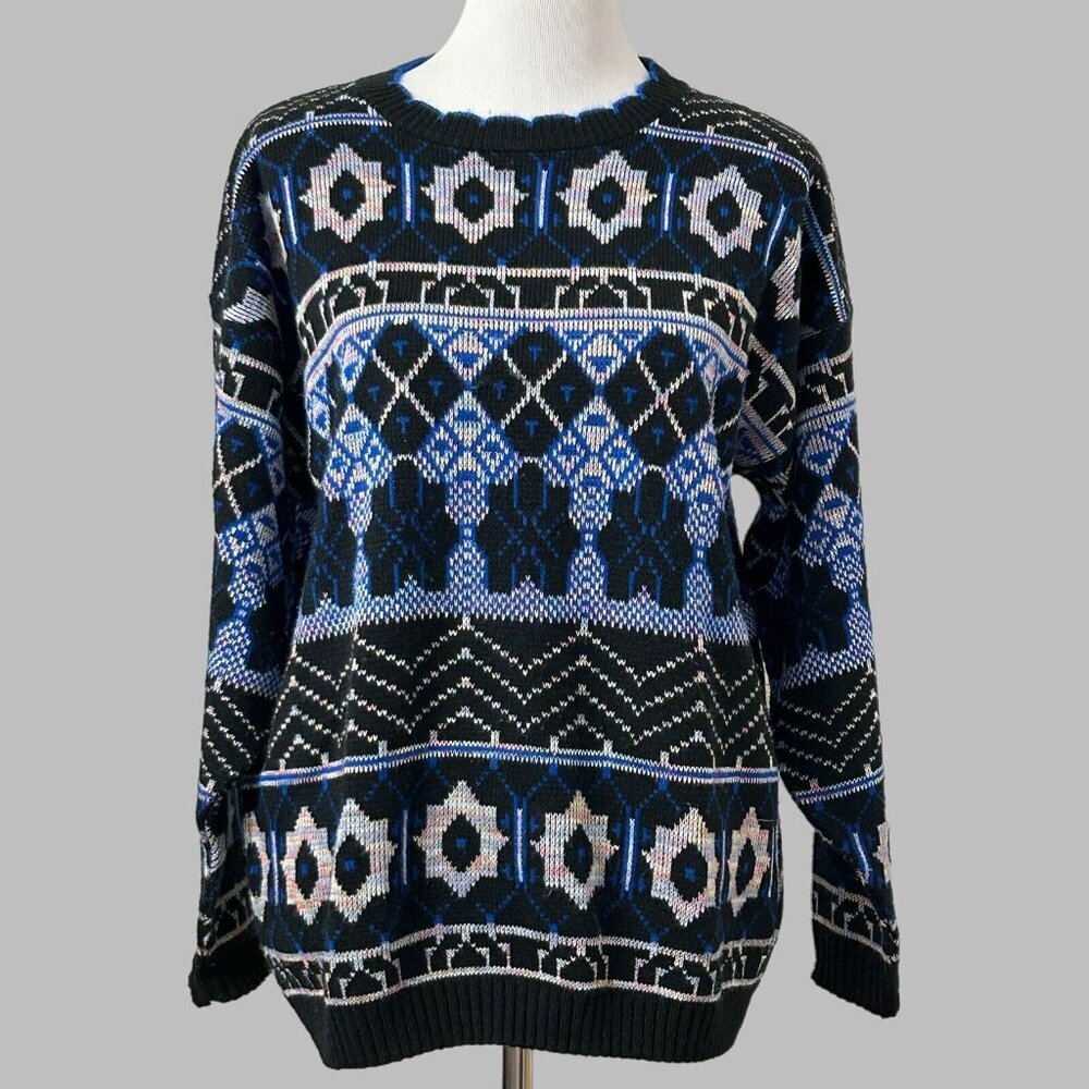 Vintage Nan Dorsey Womens Sweater Size XL Black Blue Winter Scalloped Trim Neck
